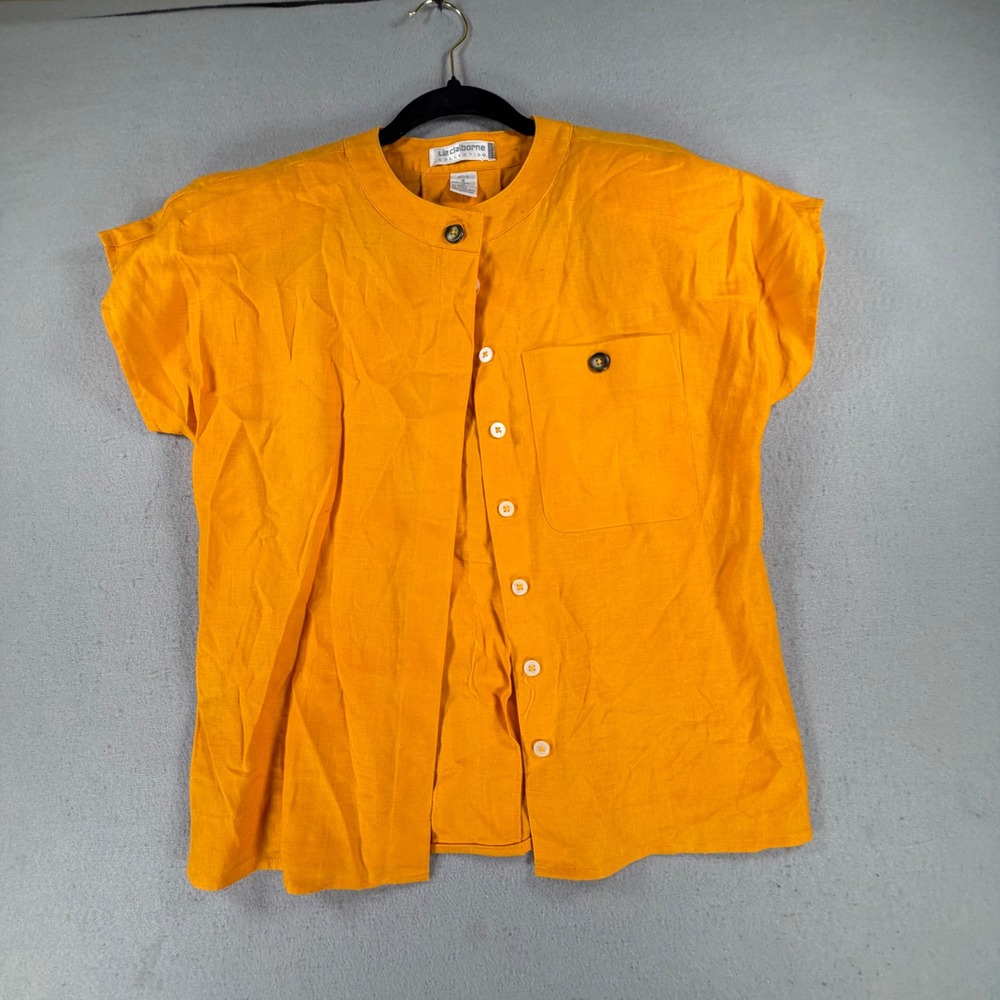 Liz Claiborne Collection Womens Size 6 Petite Orange 100% Linen Short Sleeve Top